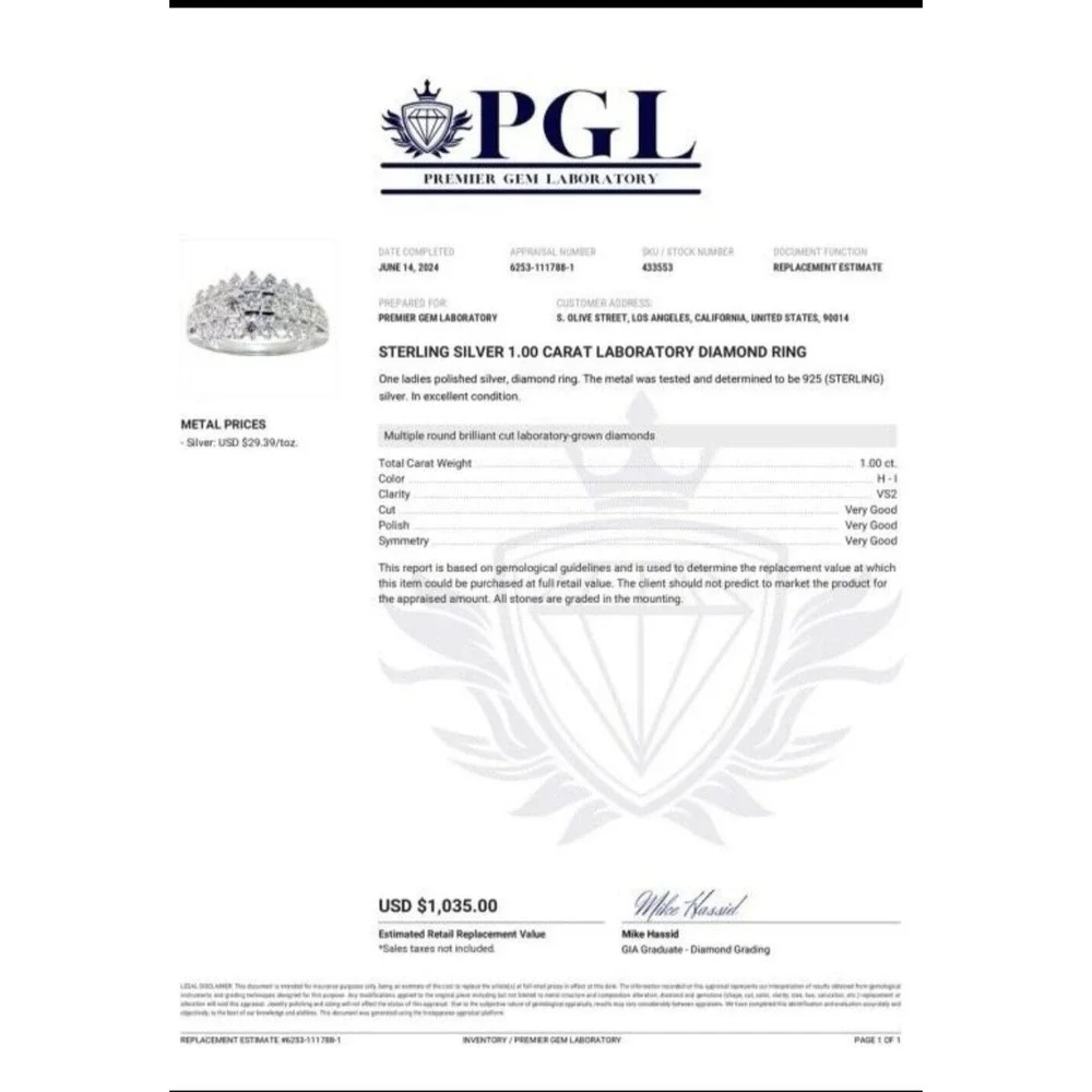 NEW PGL $1035.00 STUNNING SZ 7.5 1CT 3 ROW LAB CREATED DIAMOND DINNER RING (642)